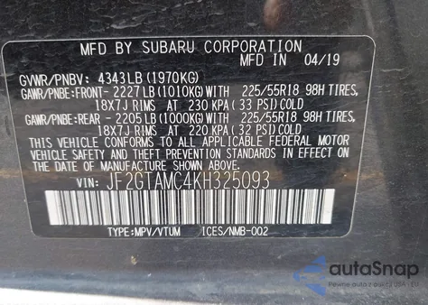 2019 Subaru Crosstrek 2.0I Limited из США, поврежденный, VIN JF2GTAMC4KH325093